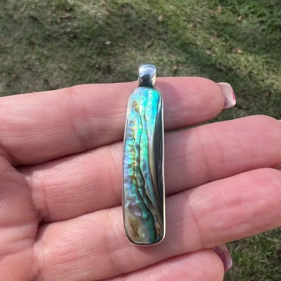 Vintage Sterling Silver Elongated Abalone Shell Pendant - Picture 1 of 16